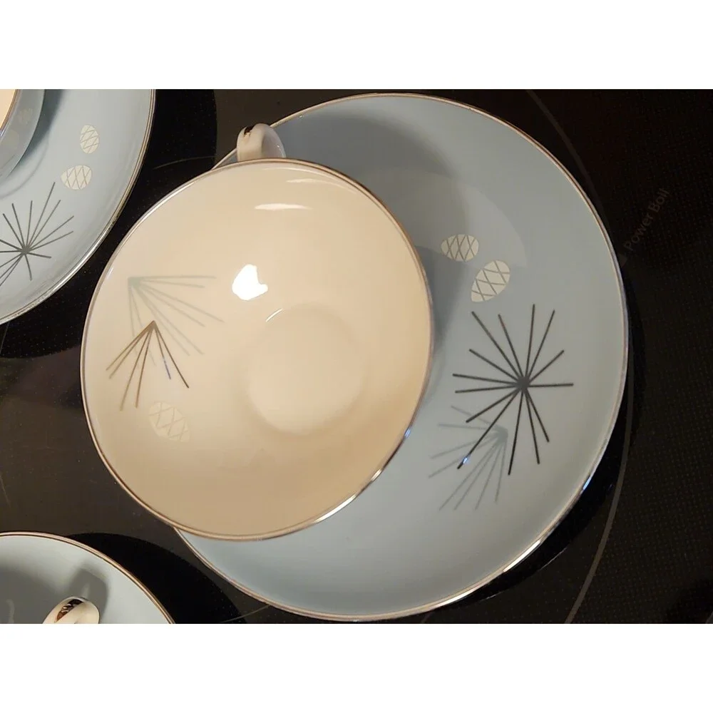 Set Of 4 Vintage MCM Franciscan Silver Pine Tea Cup & Saucer Sets Very Nice